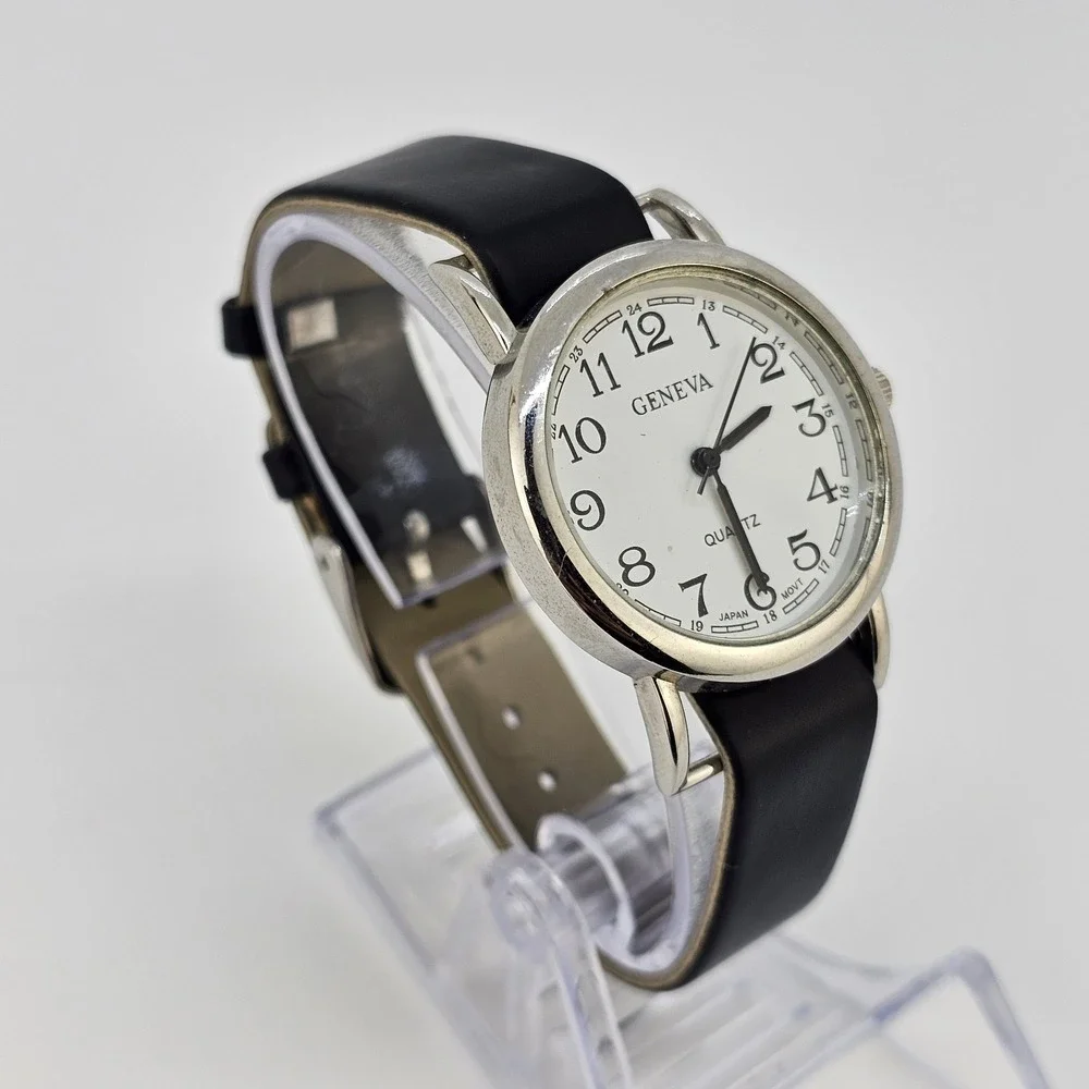 32MM Women's Watch White Dial Black Faux Leather‎ Band Up to 6.5